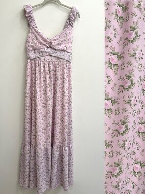 Altar'd State Pastel Pink Floral Maxi Dress Ruffle Puff Sleeves Smocked XL